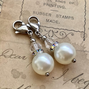 Glass Pearl Zipper Pull Set: 2 Piece Stainless Steel Clasp Purse Charms