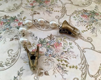 Pearl Sweater Clip: Vintage Brass Tone Cardigan Chain