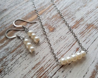 Pearl Necklace and Earrings Set: Stainless Steel, Ivory Glass Pearls