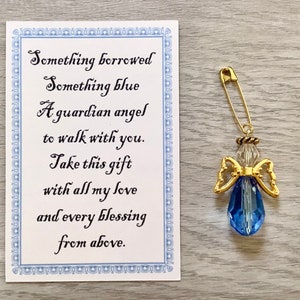 Quelque chose d'emprunté quelque chose de bleu en verre bouquet de mariée ange avec carte robe de mariée ange, épingle ange gardien, ange sur ruban, bleu et or