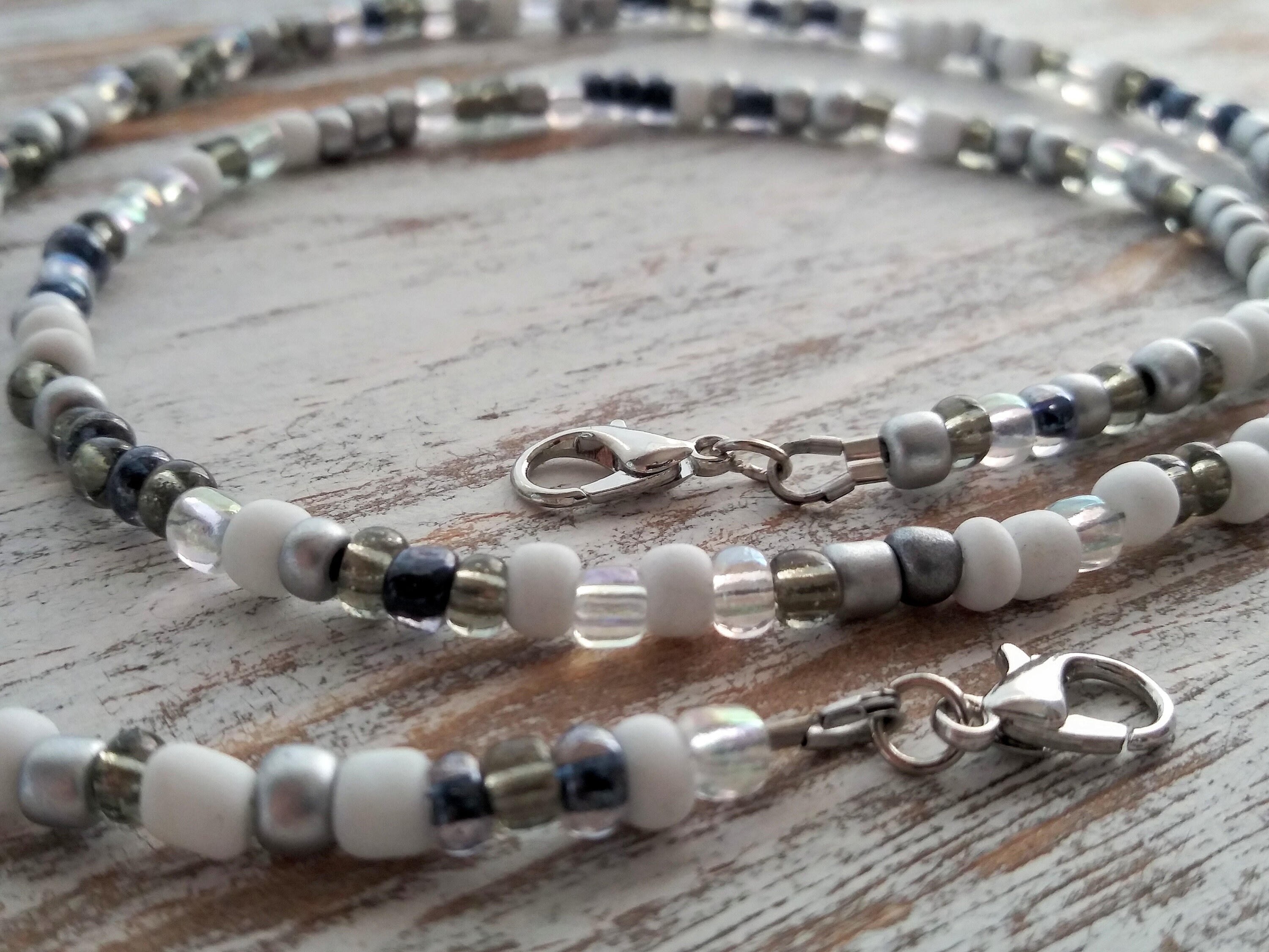 3-IN-ONE Mask Holder, Bracelet, Necklace Grey Silver White Beads, Mask Necklace, Beaded Mask Holder, Hand Strung Glass Seed Beads, USA - Etsy 3-IN-ONE Mask Holder, Bracelet, Necklace Grey Silver White Beads, Mask Necklace, Beaded Mask Holder, Hand Strung Glass Seed Beads, USA - Etsy