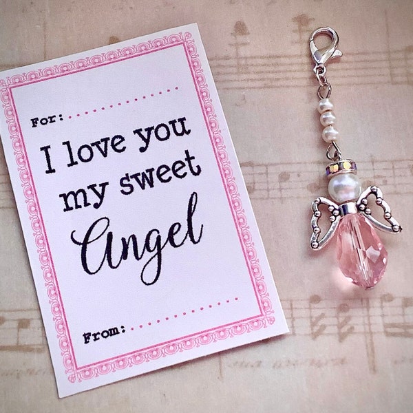 Pink I Love You Angel Charm, Angel Charm, Crystal with glass pearls, Memory Charm, Bible Case, Crystal Angel, Valentine’s Day Gift For Her