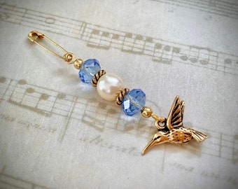 Blue Hummingbird Bouquet Charm Pin, Bridal Bouquet Pin Charm, Something Blue Charm for Bride, Wedding Dress Charm, Garter Charm Bride Gift