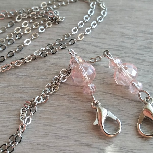 Pink Mask Chain, Pink, Crystal, Face Mask Chain, Necklace, Holds Mask, Necklace Lanyard, Mask Keeper, Silver Chain, Pink Glass Beads