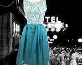 Vintage 50s Party Dress Turquoise Iridescent Taffeta With White Lace Overlay Bodice, Sleeveless, Taffeta Prom Dress, 1950s 1960s Party Dress