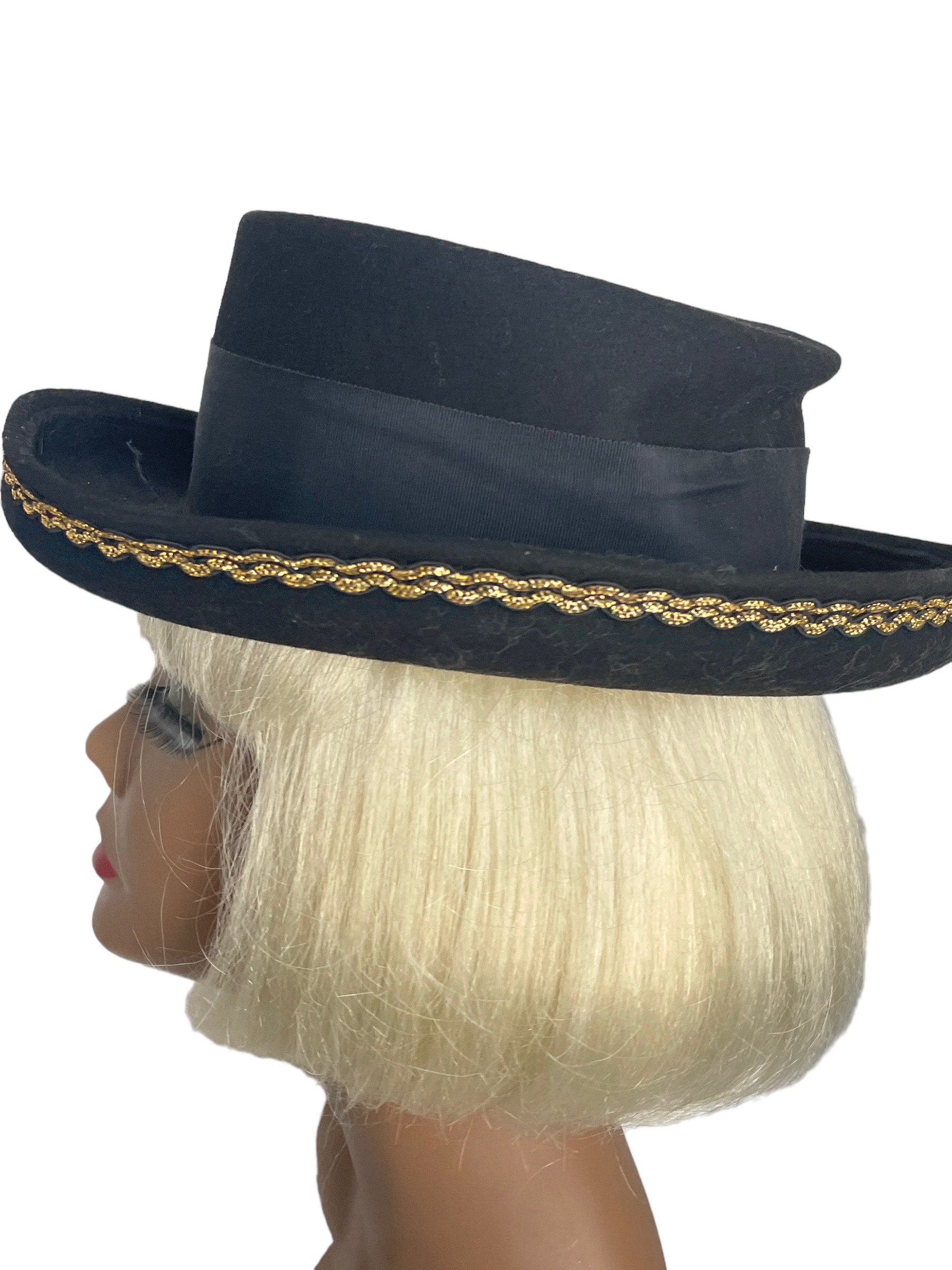 Vintage Doeskin Bollman Bolero Hat Black Wool Felt Sequins And Gold Accent USA Vintage 70s Bollman Black Wool Felt Bolero Hat: Gold Braid  main image 2