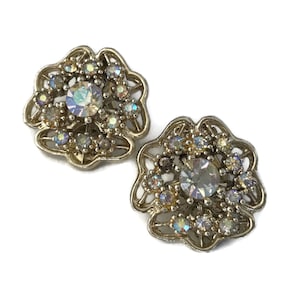 Vintage Earrings, Aurora Borealis, Rhinestone, Clip Earrings, Crystal Design Clip On Earrings Sparkly Jewelry Non Pierced Earrings