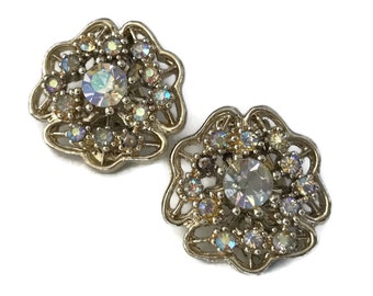 Vintage Earrings, Aurora Borealis, Rhinestone, Clip Earrings, Crystal Design Clip On Earrings Sparkly Jewelry Non Pierced Earrings