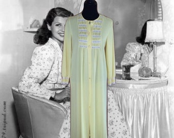 60's Nylon Robe  Vintage Lingerie  Light Yellow  White Lace  Full Length  Button Down  Nightgown  Gaymode Penny's, Goddess, Dressing Gown