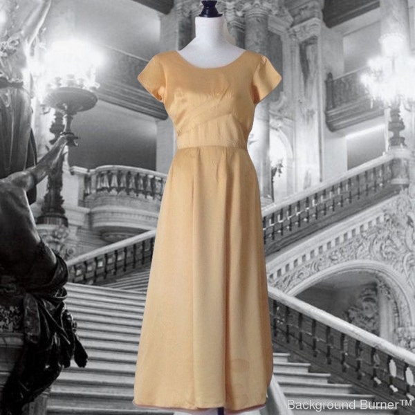 1940's Satin Gown Old Hollywood Yellow Gold Heavy Satin Vintage Satin Dress Floor Length Formal Gown Full Skirt Prom Dress