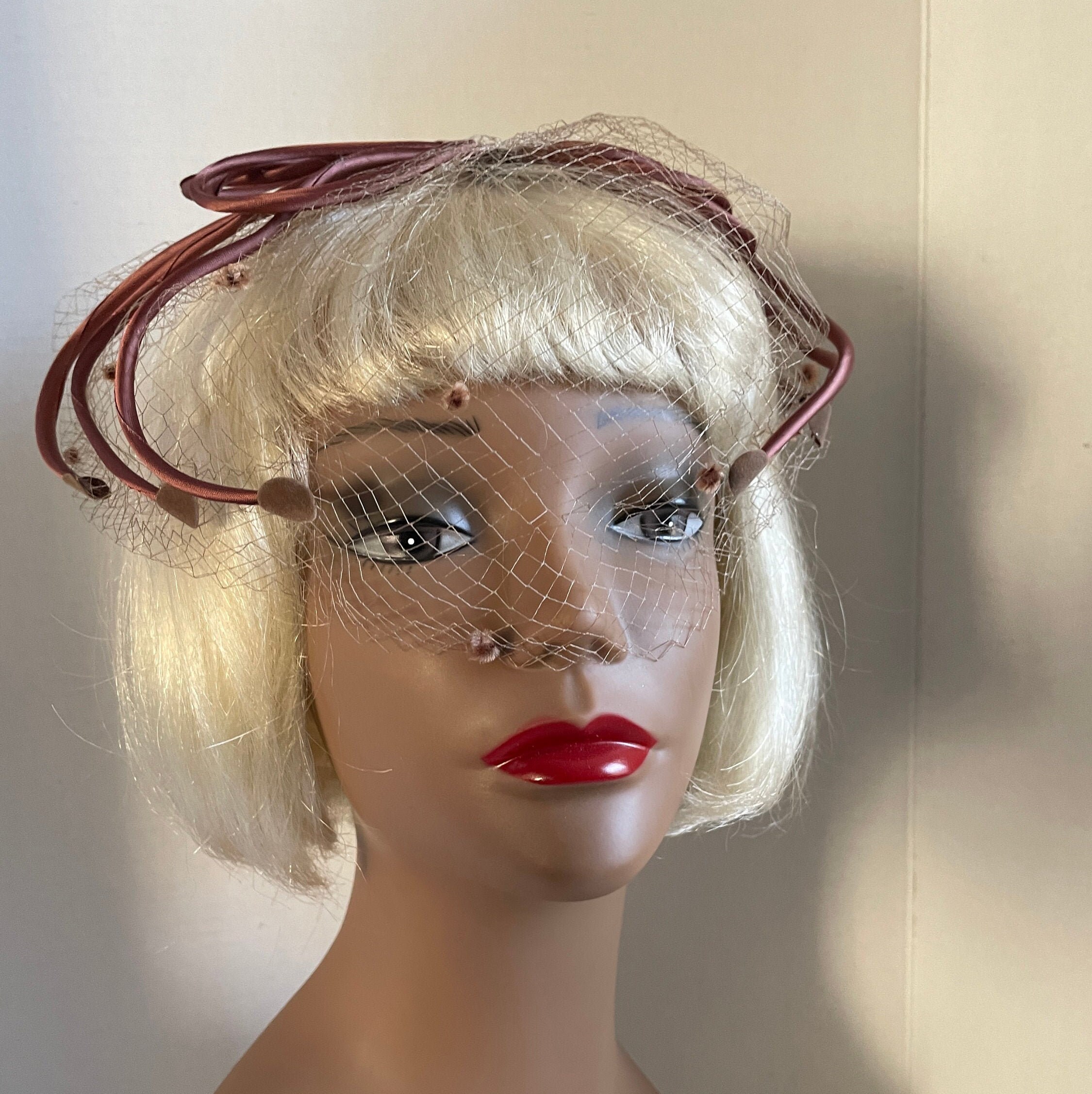 Vintage 1960s Brown Satin Fascinator Hat With Flocked Veil 