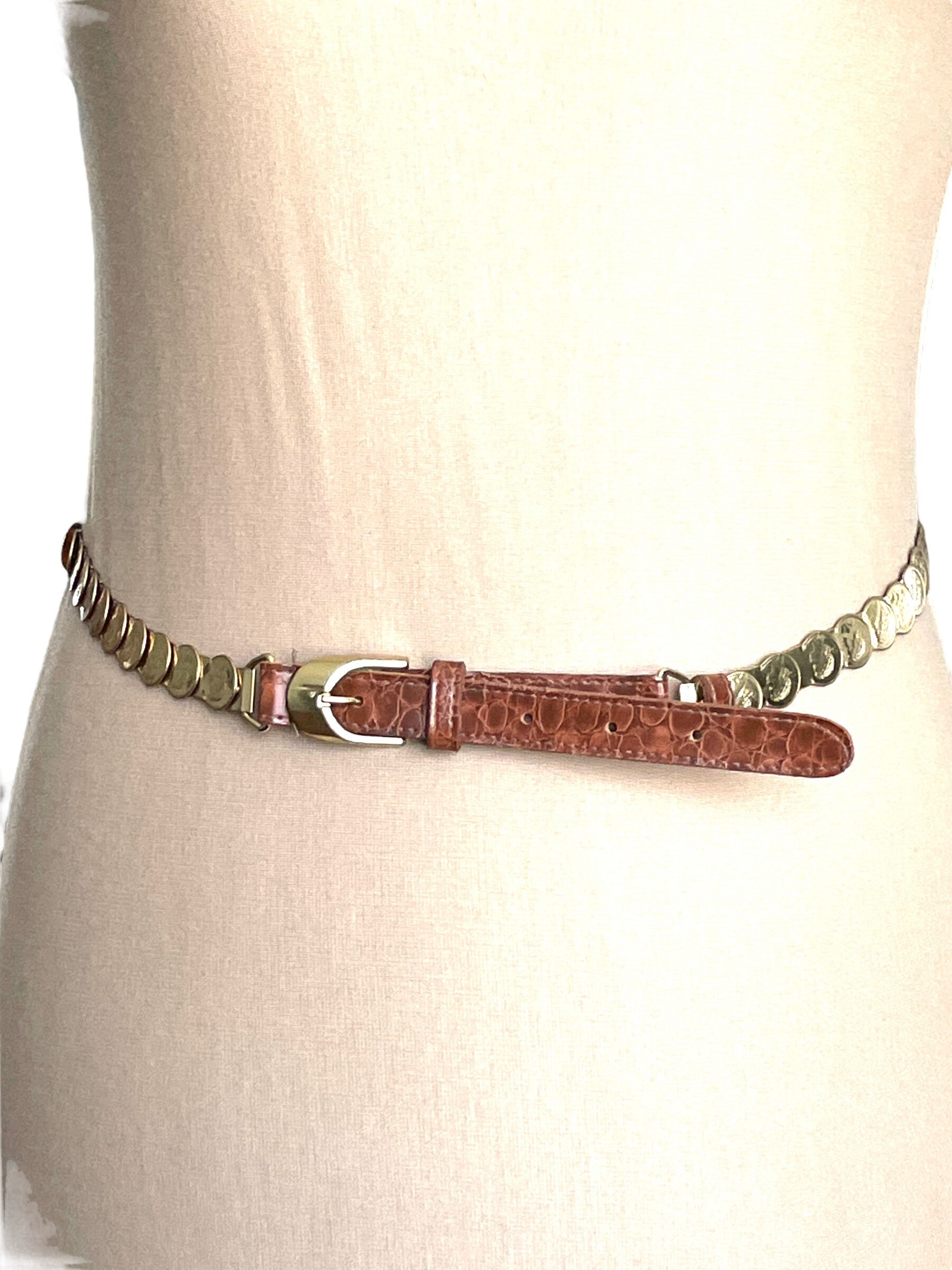 Vintage Gold Tone Coin Belt: 1970s Medallion Chain, Faux  display picture 1