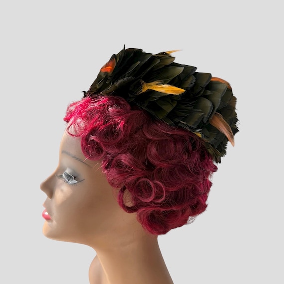 Vintage 60s Feather Pillbox Hat: Black, Red & Gold - Union  display picture 2