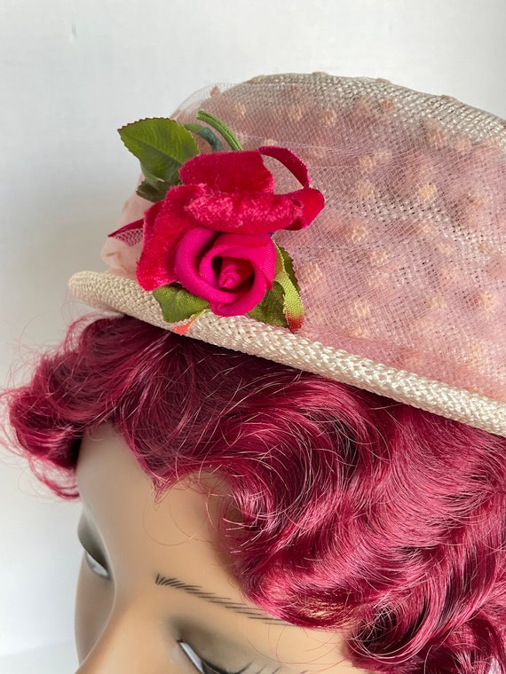 1950s 1960s Vintage Blush Straw Hat with Flocked … - image 3