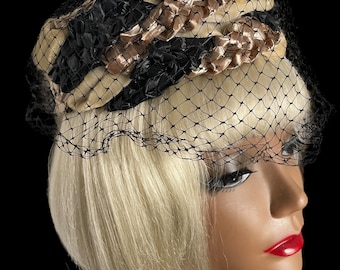 Cappello a tamburello vintage anni '50 e '60, corona aperta con velo, cappelli da donna di metà secolo.