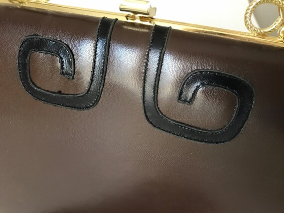 Vintage Handbag Brown Leather with Black Leather … - image 3