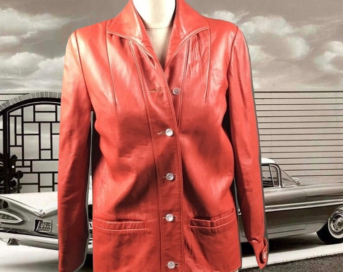 Vintage Orange Leather Jacket Hip Length Button Down Pockets Etsy