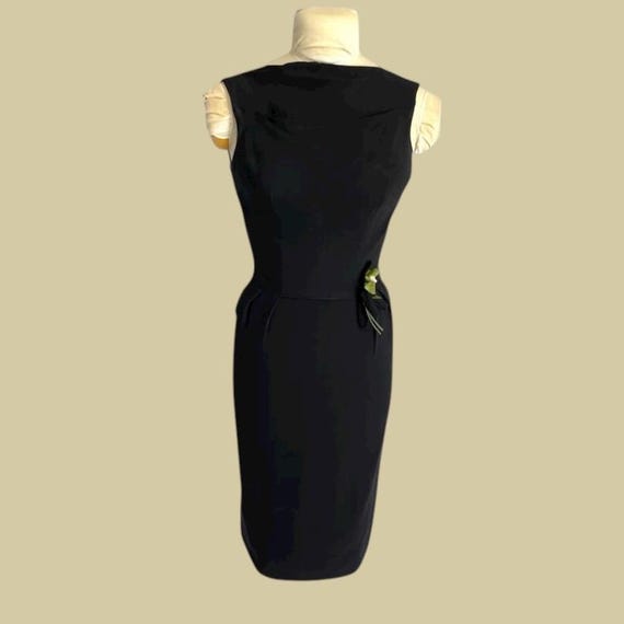 1960s Vintage Black Crepe Sheath Dress: Bateau Neckline, Rose Embellishment