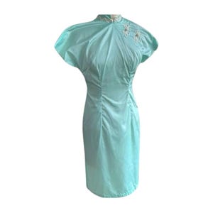Vintage 1960s Aqua Cotton Cheongsam Dress: Mandarin Collar Wiggle Dress