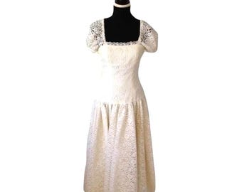 Vintage White Lace Dress, Full Skirt, Puff Sleeves