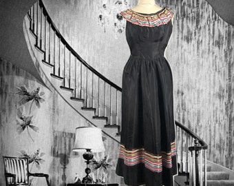 Vintage 1950s Taffeta Party Dress, Black with Rainbow Trim, Sleevelss, Peasant Neckline, Long Full Skirt, Maxi Dress, Fifties Dress