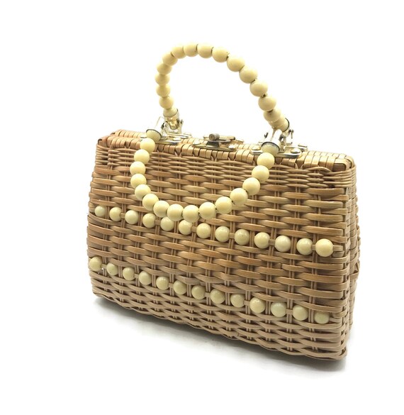 Vintage Straw Handbag, Top Handle Purse, Natural C