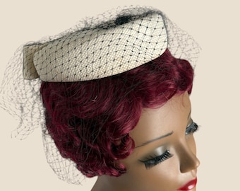 1960s White Pillbox Hat: Vintage Acetate Straw with Black Veil