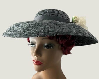 1950s Black Flocked Polka Dot Tulle Wide Brimmed Platter Hat  display picture 1