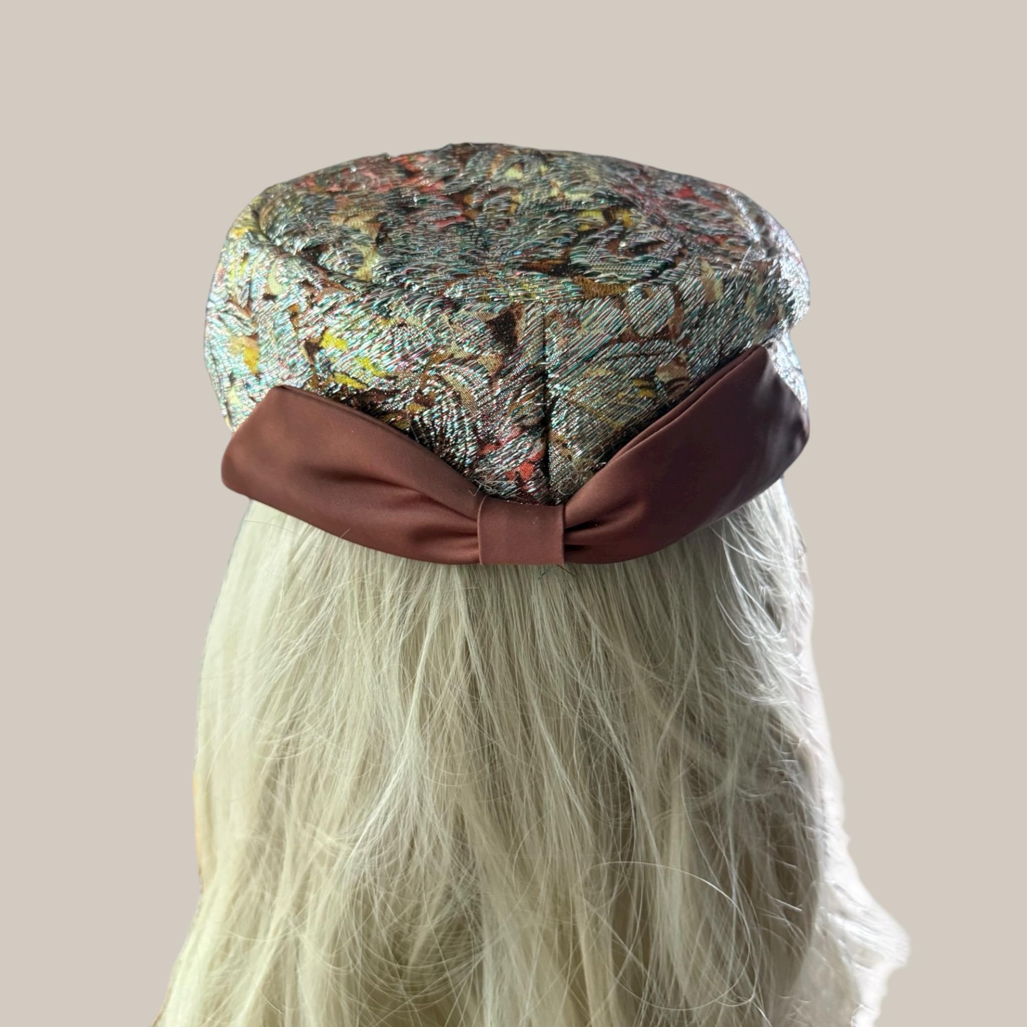 Vintage 1960s Metallic Silk Brocade Turban Psychedelic Floral Draped Pillbox Hat Vintage 1960s Metallic Brocade Pillbox Hat With Satin Bow - Etsy main image 4