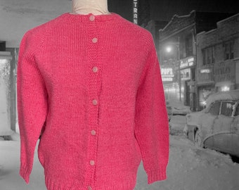 Vintage 1980s Hand Knit Sweater, Pink Cardigan, Button Down, No Collar, Plain Solid Color, Warm Winter Sweater, Raglan Sleeves