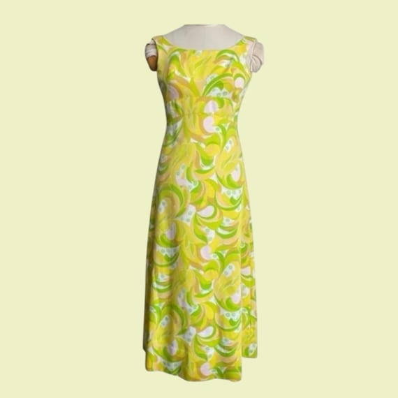 1960s Floral Empire Waist Dress: Sleeveless Vintage Prom Gown