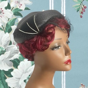 Vintage 1940s 1950s Crescent Hat, Woven Acetate with Beaded Velvet and a Veil, 50s Hats for Women, Black Formal Hat, Mid Century Straw Hat