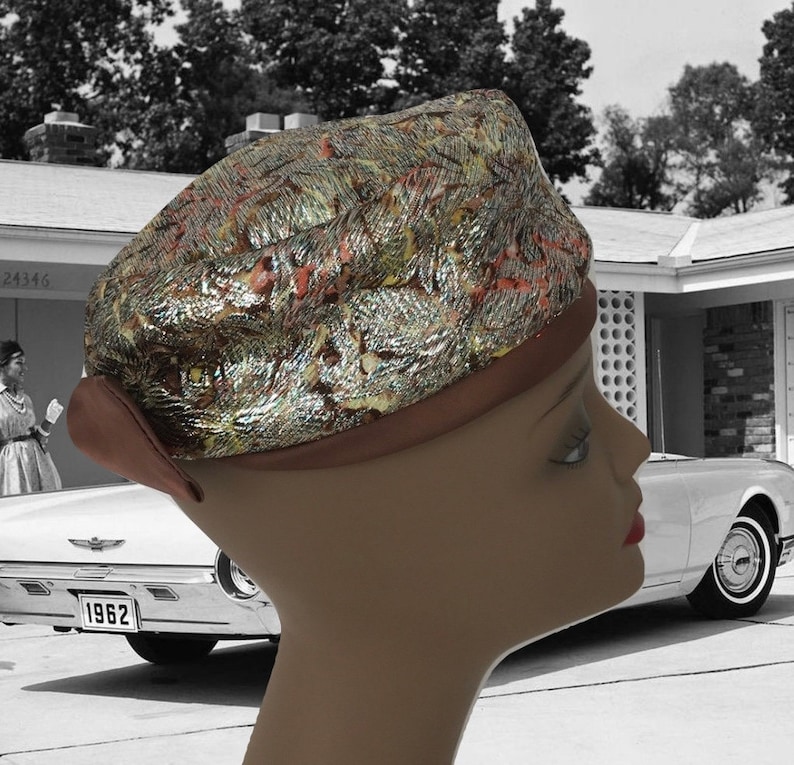 Vintage Metallic Brocade Pillbox Brown Satin Bow 1960s Hat Costume Hat Dressy Hat Formal Hat Union Made Label Brown Green Iridescent