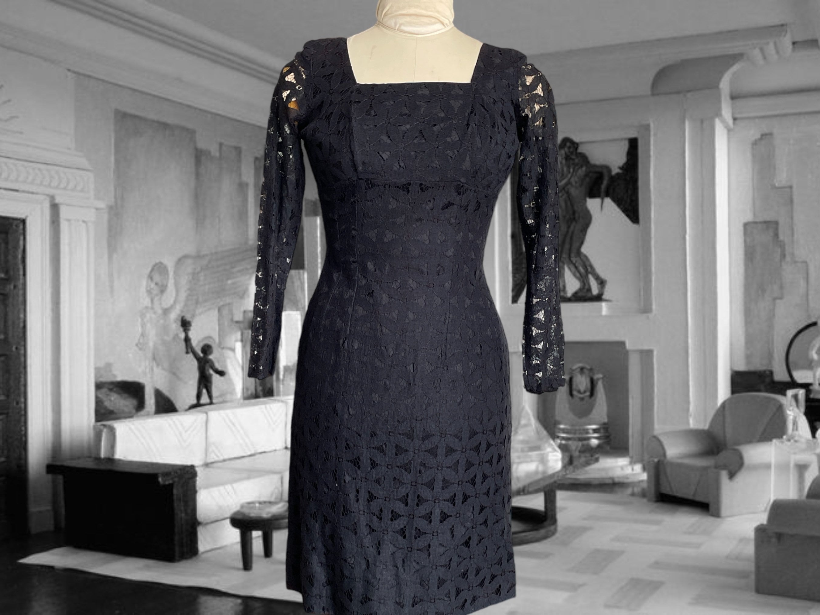 Vintage 1980s Black Lace Wiggle Dress, Chantilly Lace Fitted Sheath, Long See Through Lace Sleeves, Square Neckline