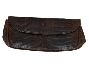 Vintage Brown Snakeskin Leather Clutch: 1950s-60s Mid Century Handbag