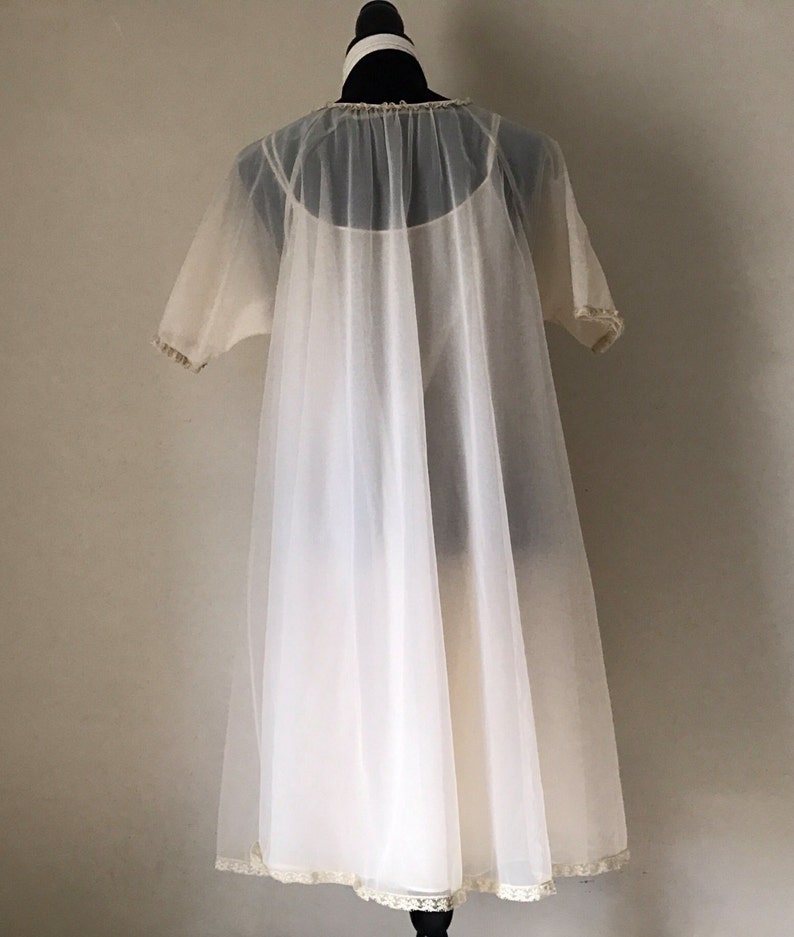 Vanity Fair Robe Goddess Pale Pink Chiffon Boudoir Vintage Negligee Set Peignoir Nightgown Two Piece with Lace Flowers