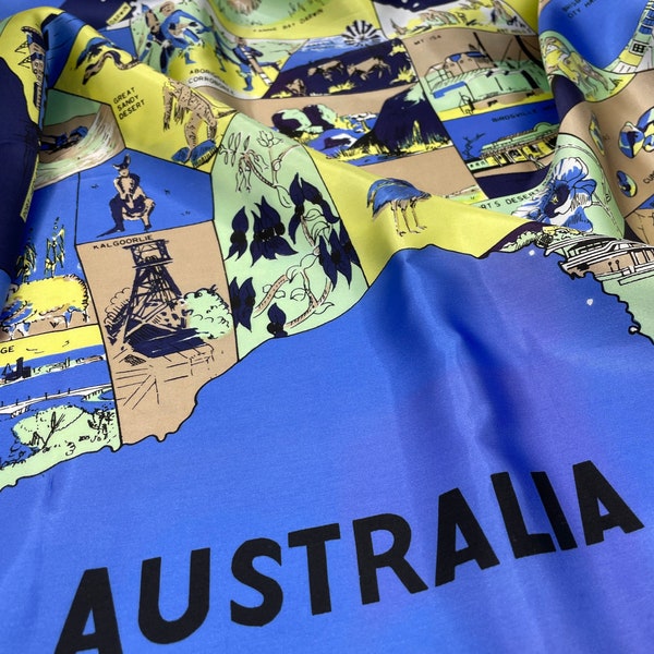 Vintage Scarf Australia Pictorial Scarf, Australian Map and Landmarks, Large Square Scarf, Head Scarf, Neck Ccarf, Blue and Green Accessory