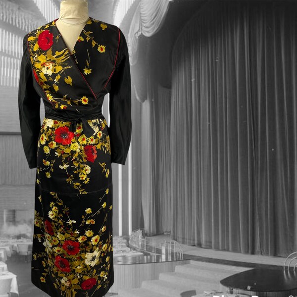 Vintage Evening Dress Ensemble, Long Fitted Silk Skirt with Wrap Around Top, Asian Style, Long Sleeve V Neck, Black with Red and Gold Floral