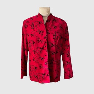 Vintage Flocked Velveteen Jacket: Red & Black Mandarin Collar