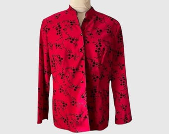 Vintage Flocked Velveteen Jacket: Red & Black Mandarin Collar