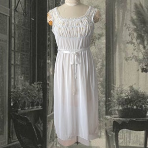 Vintage 1960s 1970s Lingerie, Aristocracy, Long White Nylon Nightie with Ruched and Embroidered Chiffon, Midi Length, Sexy Nightgown