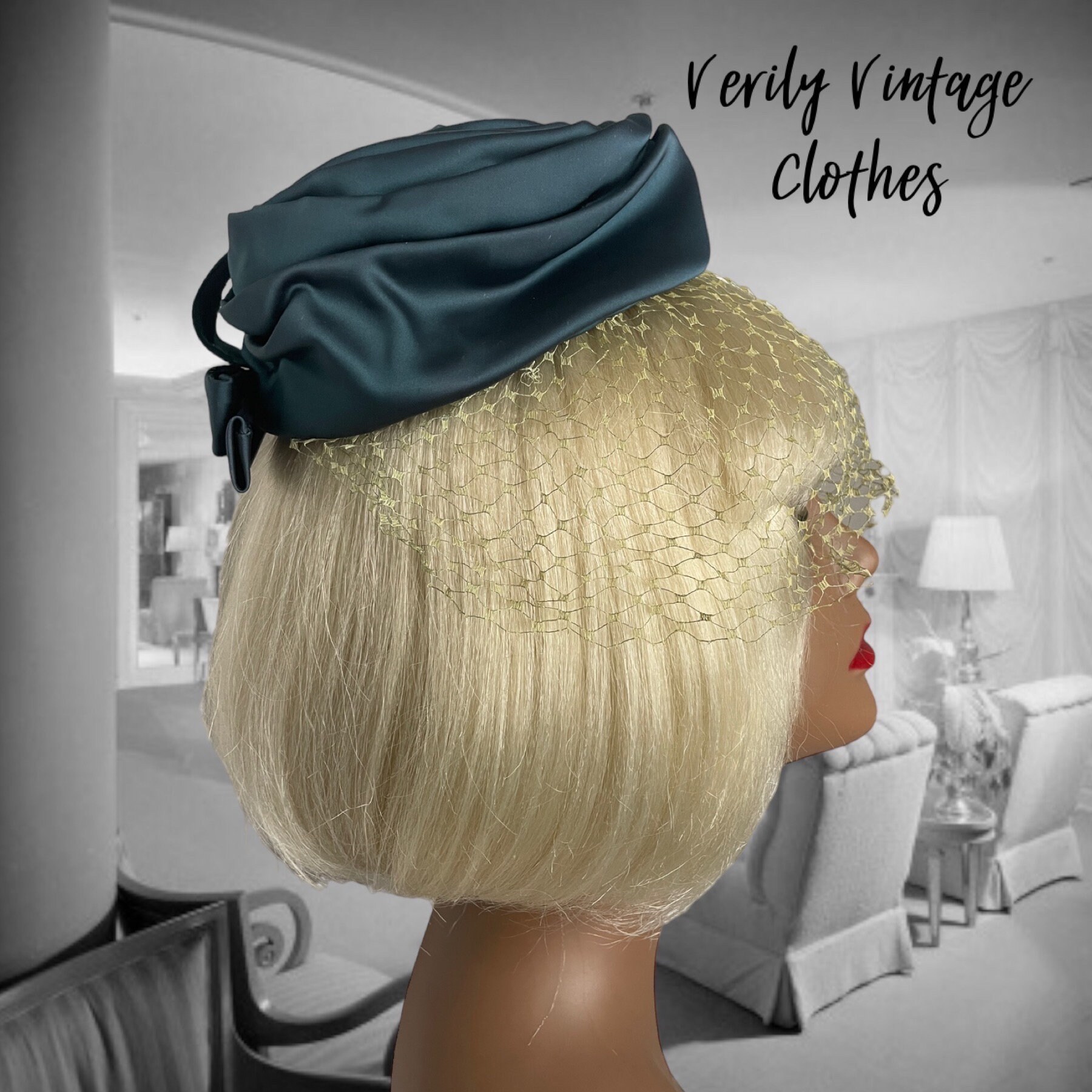 Vintage 1950s Teal Satin Pillbox Hat With Veil - Union Made  display picture 1