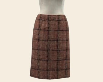 Vintage 60s Wool Plaid Pencil Skirt: Brown Red Beige Wiggle Skirt