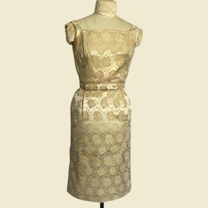 Vintage 1960s Brocade Cocktail Dress: Champagne Gold Floral Sheath, Belted