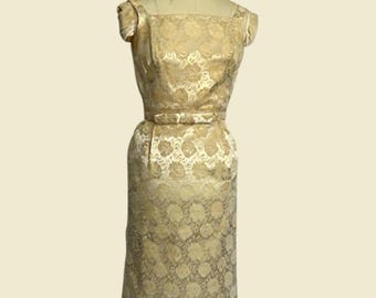Vintage 1960s Brocade Cocktail Dress: Champagne Gold Floral Sheath, Belted