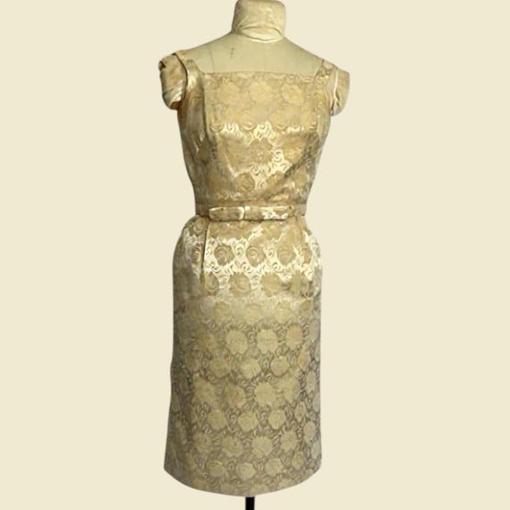 Vintage 1960s Brocade Cocktail Dress: Champagne Gold Floral Sheath, Belted
