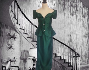 1960&#39;s Evening Dress Skirt Jacket Ensemble Dessy&#39;s Creations New York Green, Off the Shoulder Jacket Long Skirt, Cocktail Dress, Christmas