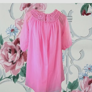 Vintage 60s Bright Coral Chiffon Peignoir Set, 2 Piece Nightgown and Robe Lingerie Set, Corded Yoke Neckline and Robe Trim, 3/4 Puff Sleeves