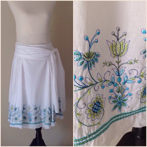 Vintage  White Cotton Summer Skirt,  Turquoise Fl… - image 3