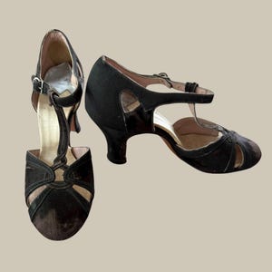20s Ballroom Dance Heels, Black Silk Strappy Pumps, Very Small Foot, Flapper